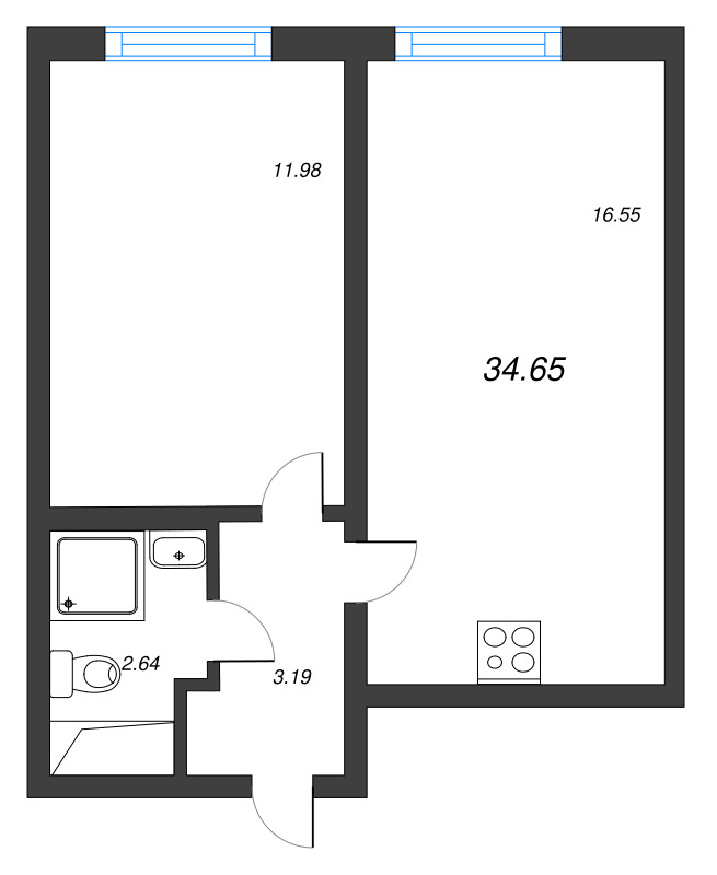 2-комнатная (Евро) квартира, 34.65 м² в ЖК "Морская миля" - планировка, фото №1