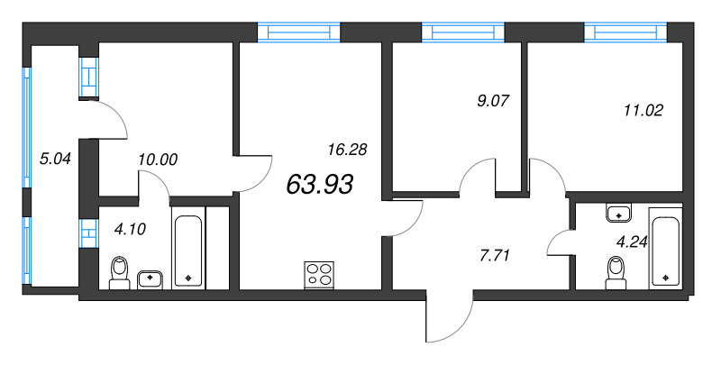 4-комнатная (Евро) квартира, 63.93 м² - планировка, фото №1