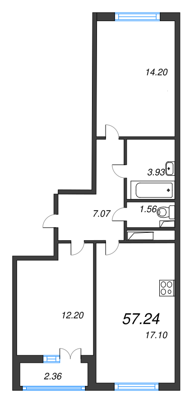 3-комнатная (Евро) квартира, 57.24 м² - планировка, фото №1
