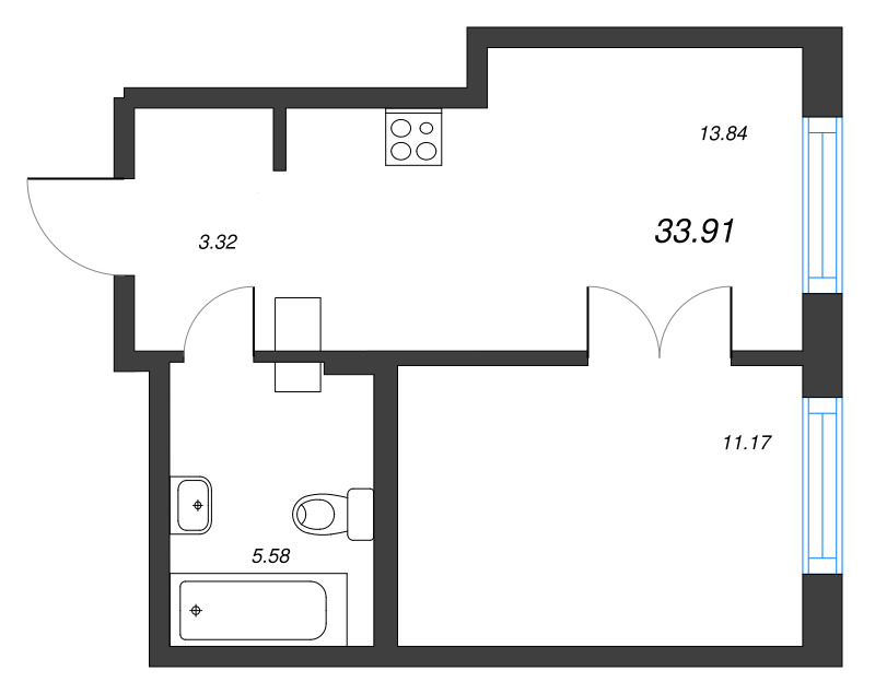 1-комнатная квартира, 33.91 м² - планировка, фото №1