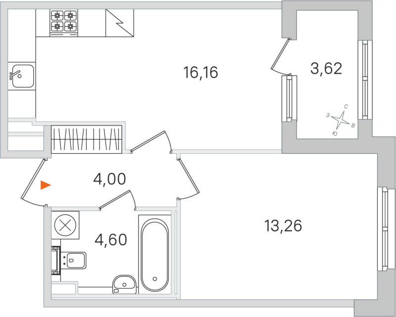 2-комнатная (Евро) квартира, 38.02 м² в ЖК "Дубровский" - планировка, фото №1