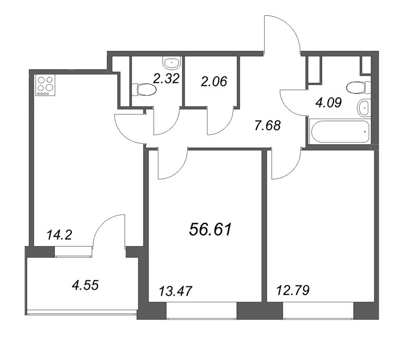 2-комнатная квартира, 56.61 м² в ЖК "Дом на Курской" - планировка, фото №1