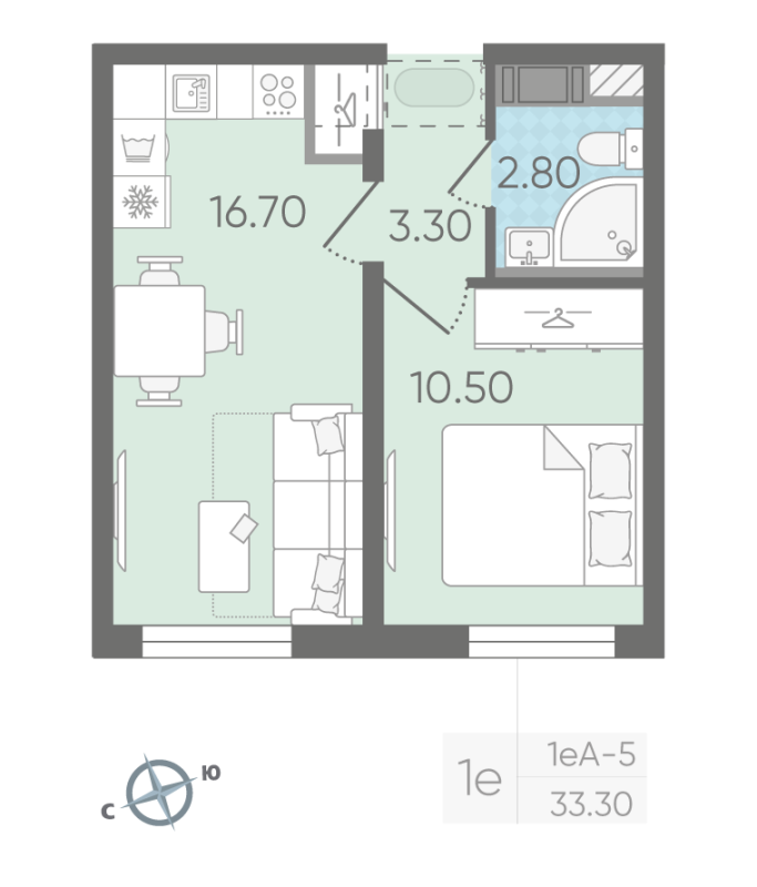 2-комнатная (Евро) квартира, 33.3 м² в ЖК "Октябрьская набережная" - планировка, фото №1