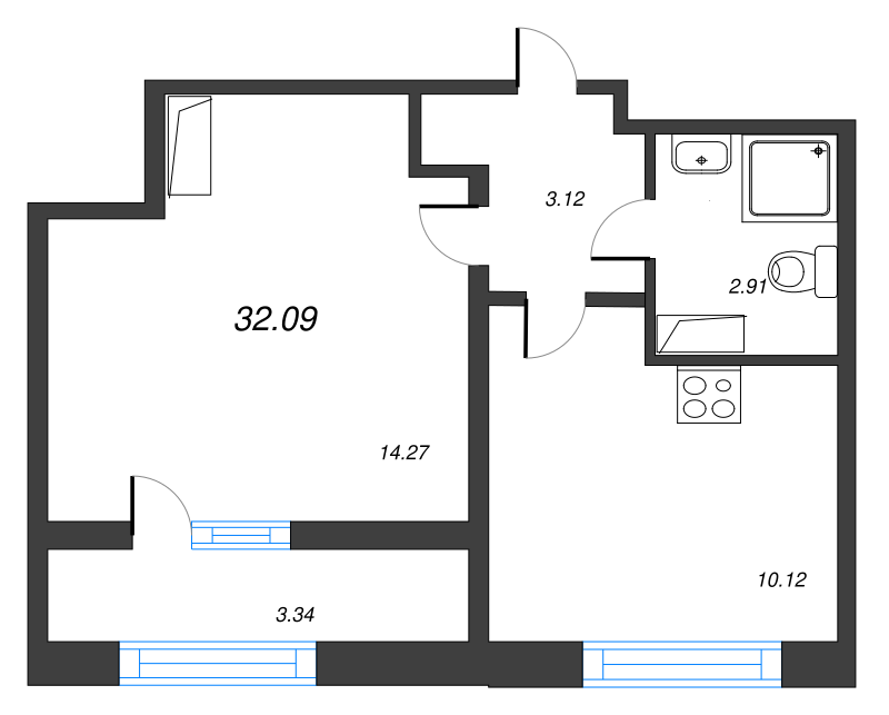 1-комнатная квартира, 32.09 м² - планировка, фото №1
