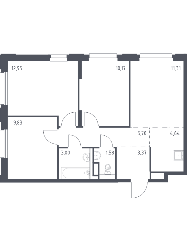 4-комнатная (Евро) квартира, 62.55 м² - планировка, фото №1