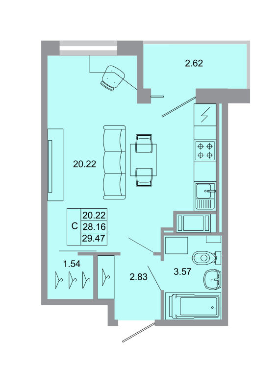 Квартира-студия, 28.7 м² в ЖК "Стороны света" - планировка, фото №1