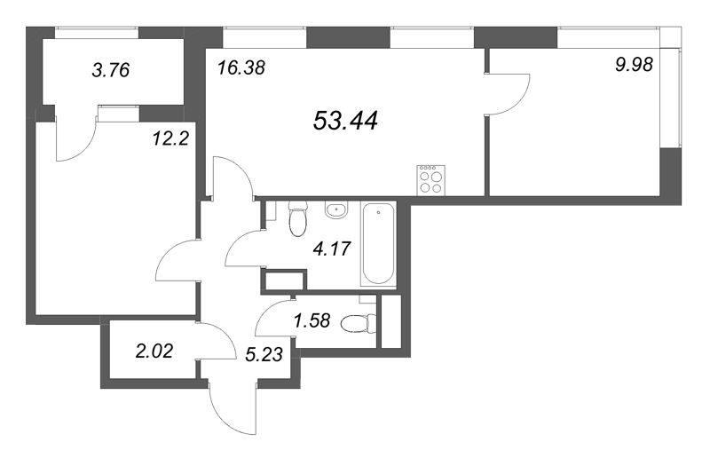 3-комнатная (Евро) квартира, 53.44 м² в ЖК "Гранат" - планировка, фото №1