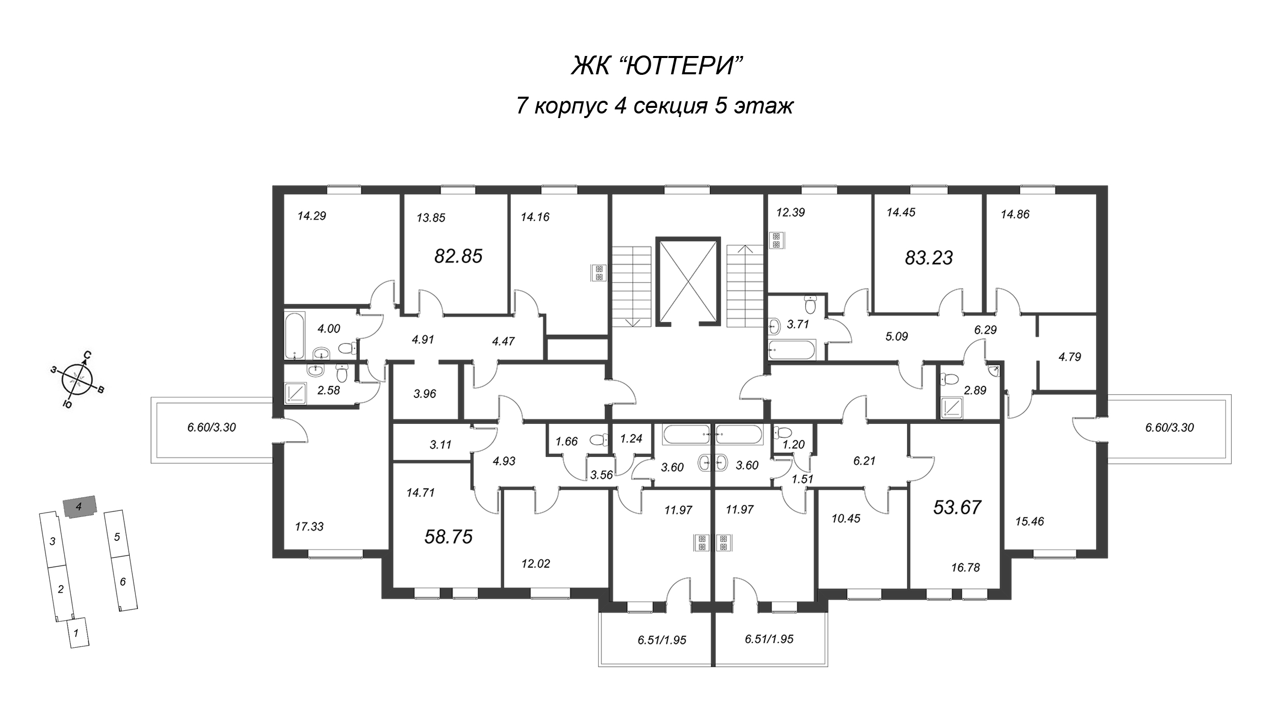 2-комнатная квартира, 56.8 м² в ЖК "Юттери" - планировка этажа