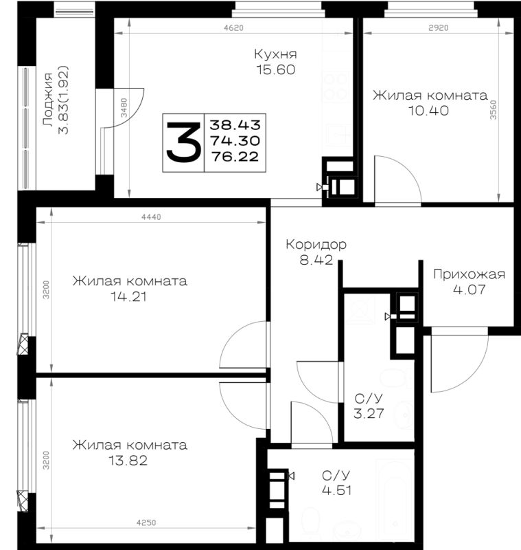 4-комнатная (Евро) квартира, 76.22 м² в ЖК "Борский" - планировка, фото №1