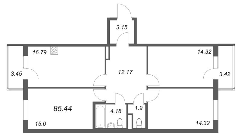 3-комнатная квартира, 85.44 м² в ЖК "Новая история" - планировка, фото №1
