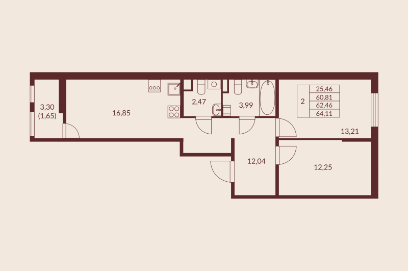 3-комнатная (Евро) квартира, 62.46 м² в ЖК "Амурино" - планировка, фото №1