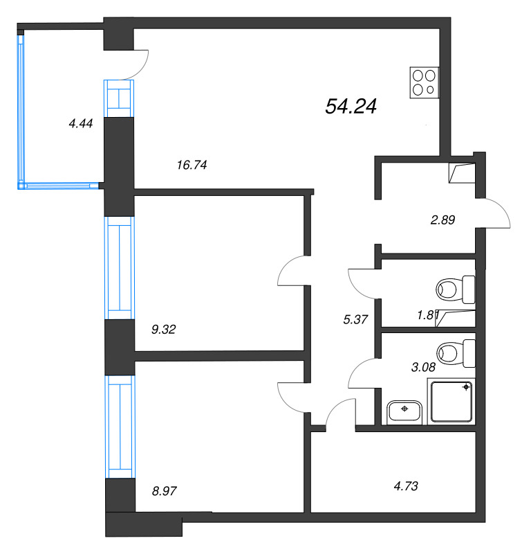 3-комнатная (Евро) квартира, 54.24 м² в ЖК "Уютный" - планировка, фото №1