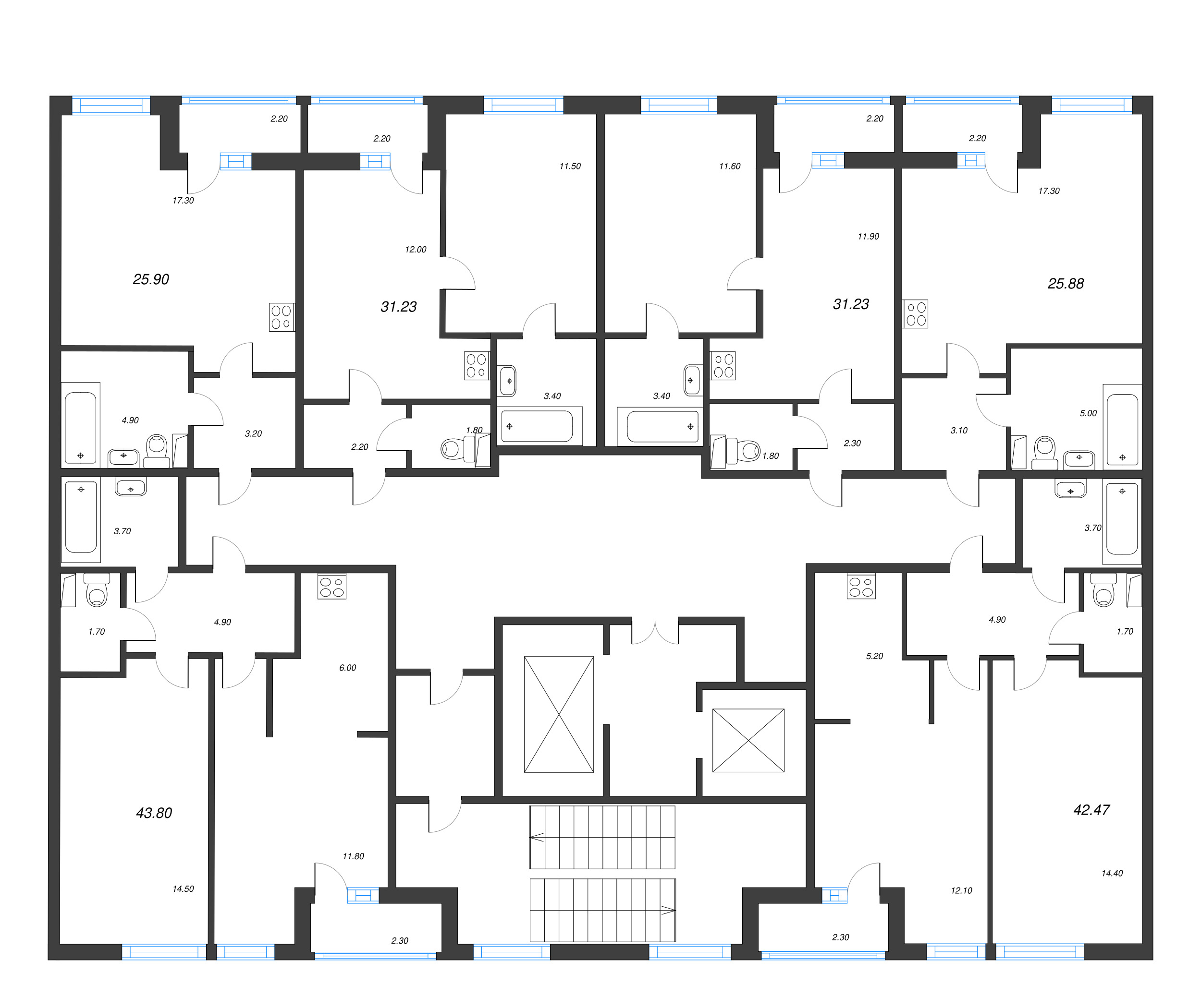 2-комнатная (Евро) квартира, 43.8 м² в ЖК "Аэросити" - планировка этажа