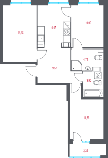 3-комнатная квартира, 65.19 м² в ЖК "Город-спутник Южный" - планировка, фото №1