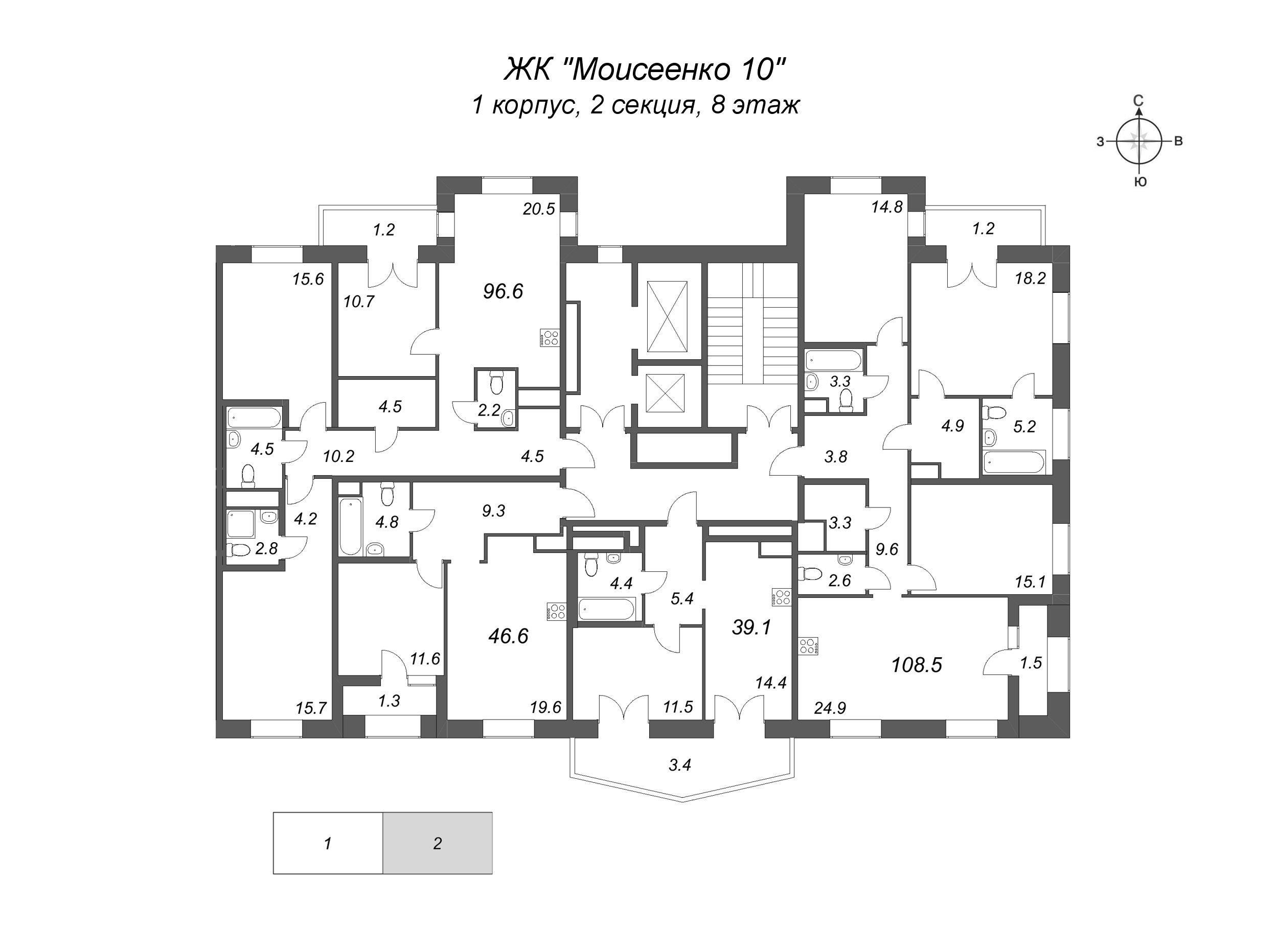 1-комнатная квартира, 39.1 м² в ЖК "Моисеенко 10" - планировка этажа