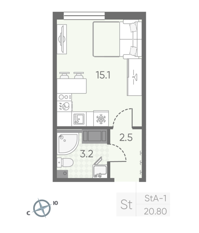 Квартира-студия, 20.8 м² в ЖК "Октябрьская набережная" - планировка, фото №1