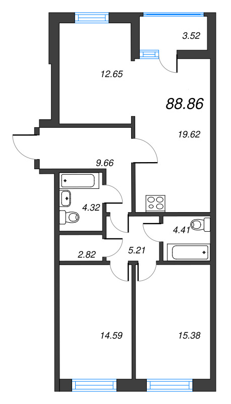 3-комнатная квартира, 88.86 м² - планировка, фото №1