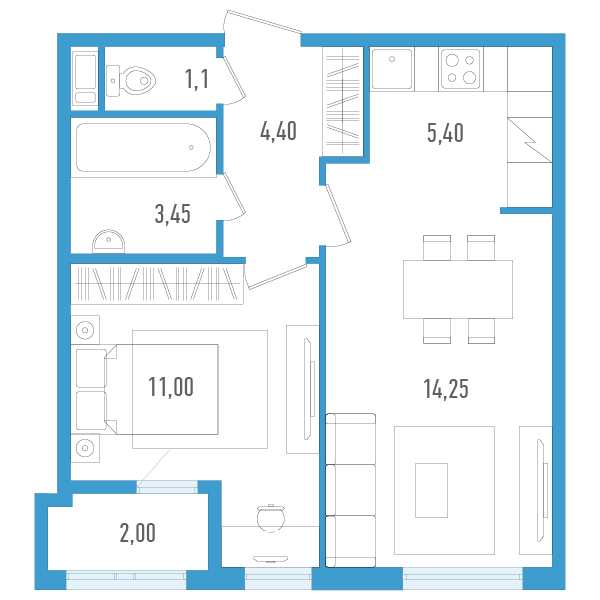 1-комнатная квартира, 40.6 м² в ЖК "AEROCITY" - планировка, фото №1