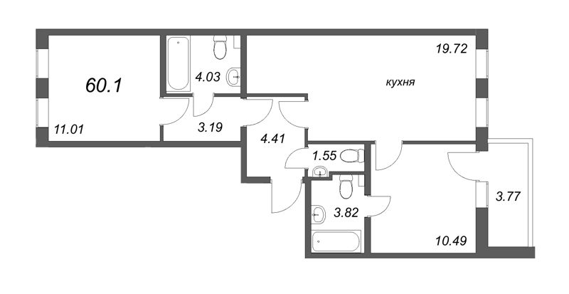 3-комнатная (Евро) квартира, 60.1 м² - планировка, фото №1