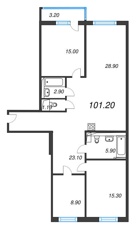 4-комнатная (Евро) квартира, 101.1 м² в ЖК "Руднева 15" - планировка, фото №1