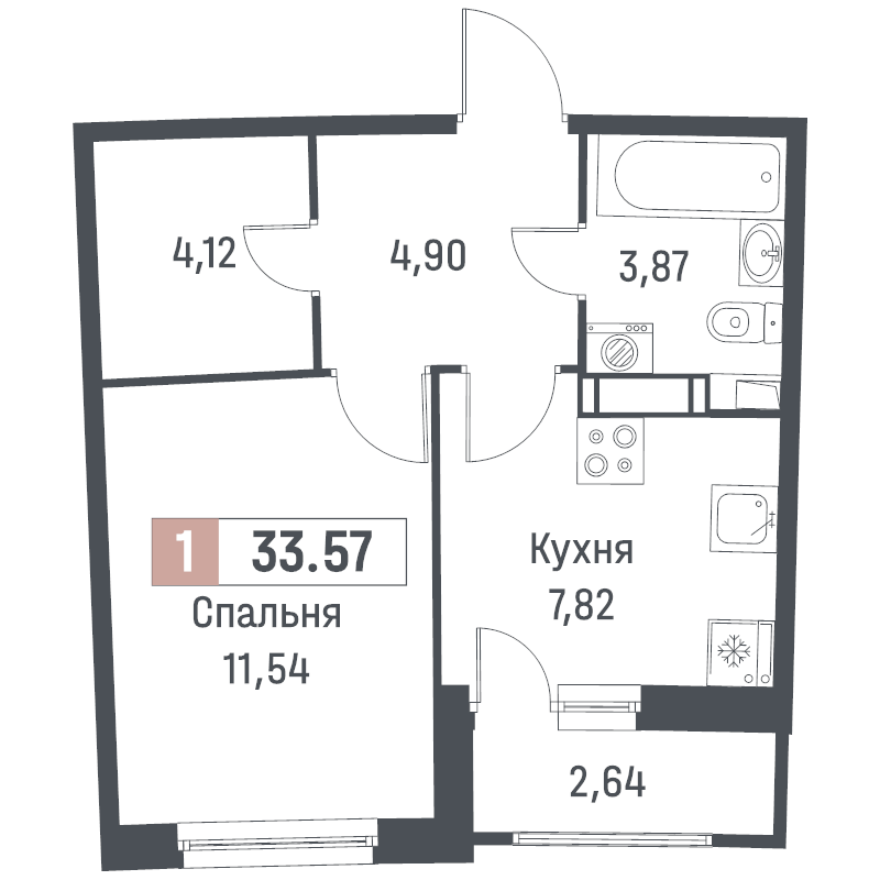 1-комнатная квартира, 33.57 м² - планировка, фото №1