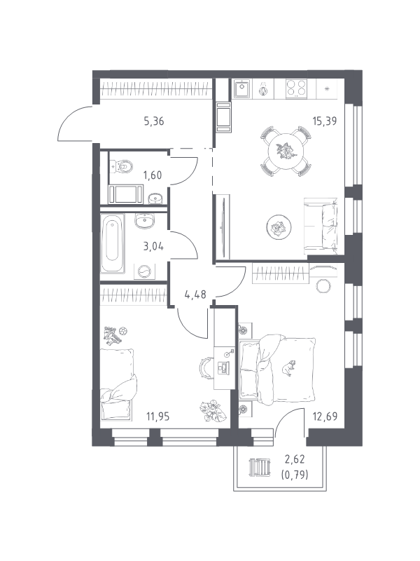 3-комнатная (Евро) квартира, 55.3 м² в ЖК "Новое Колпино" - планировка, фото №1