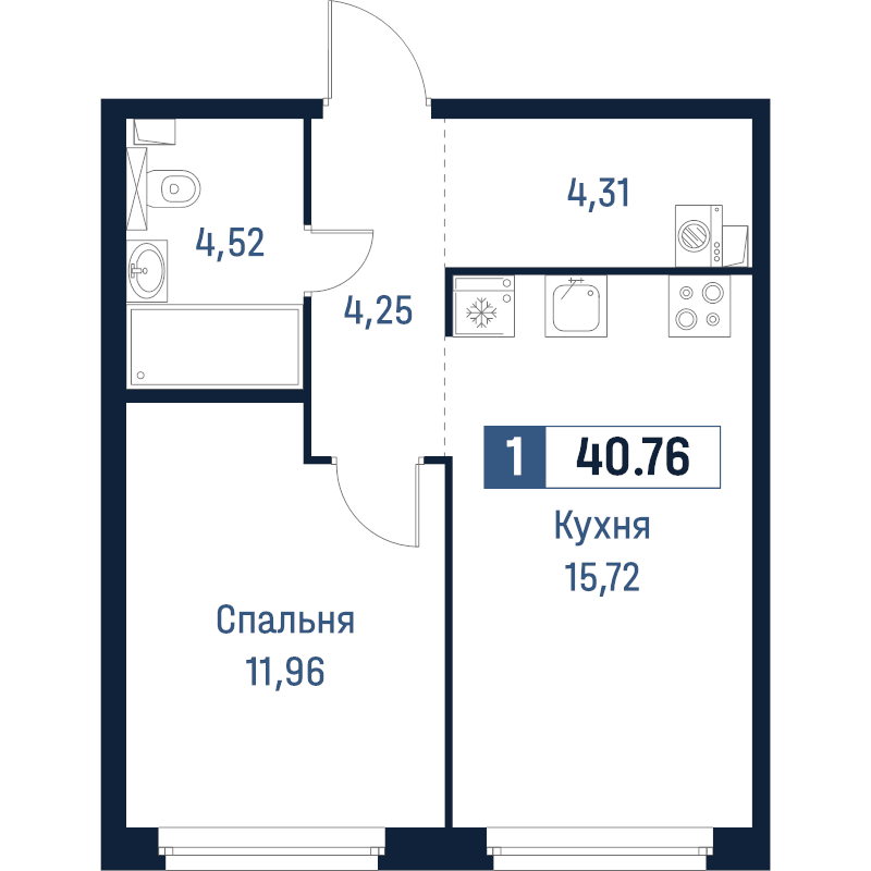 2-комнатная (Евро) квартира, 40.76 м² в ЖК "Максималист" - планировка, фото №1