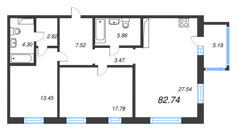 3-комнатная (Евро) квартира, 82.74 м² в ЖК "Черная речка, 41" - планировка, фото №1