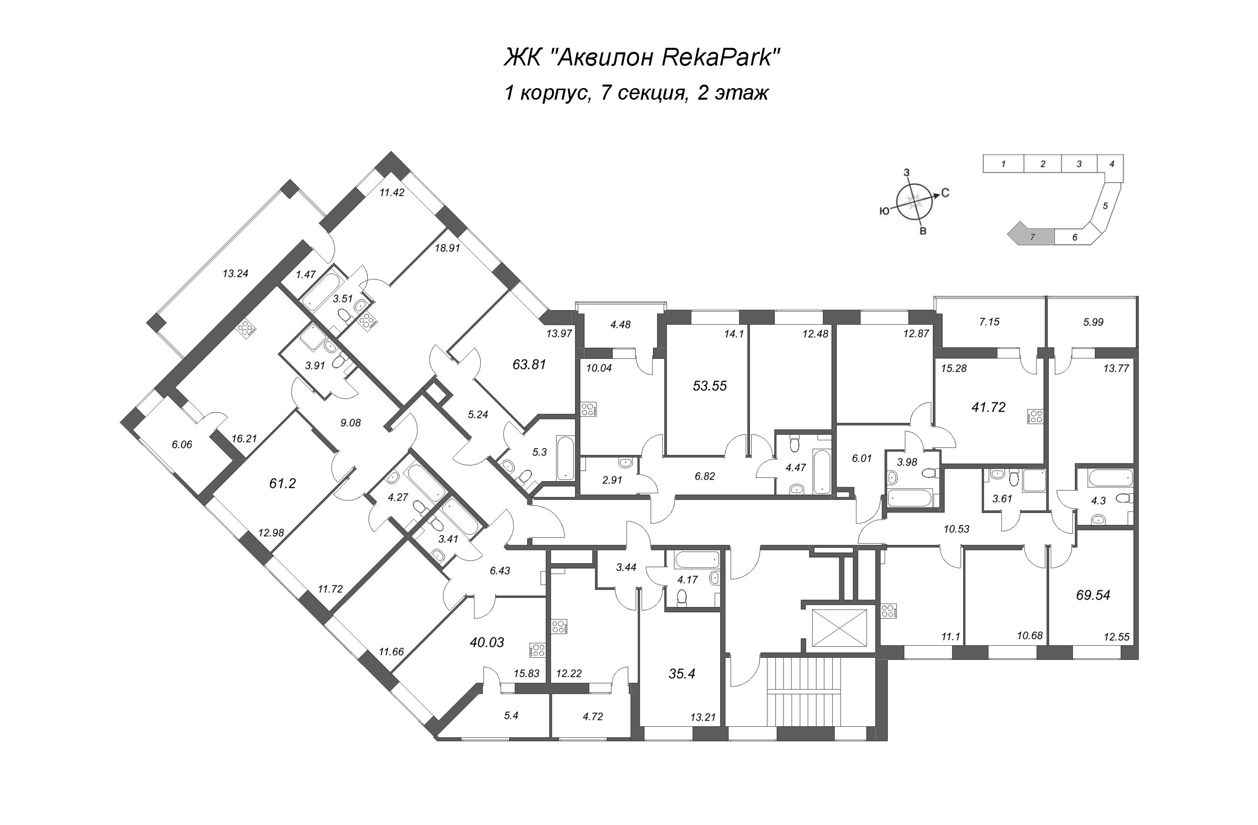 1-комнатная квартира, 35.4 м² - планировка этажа