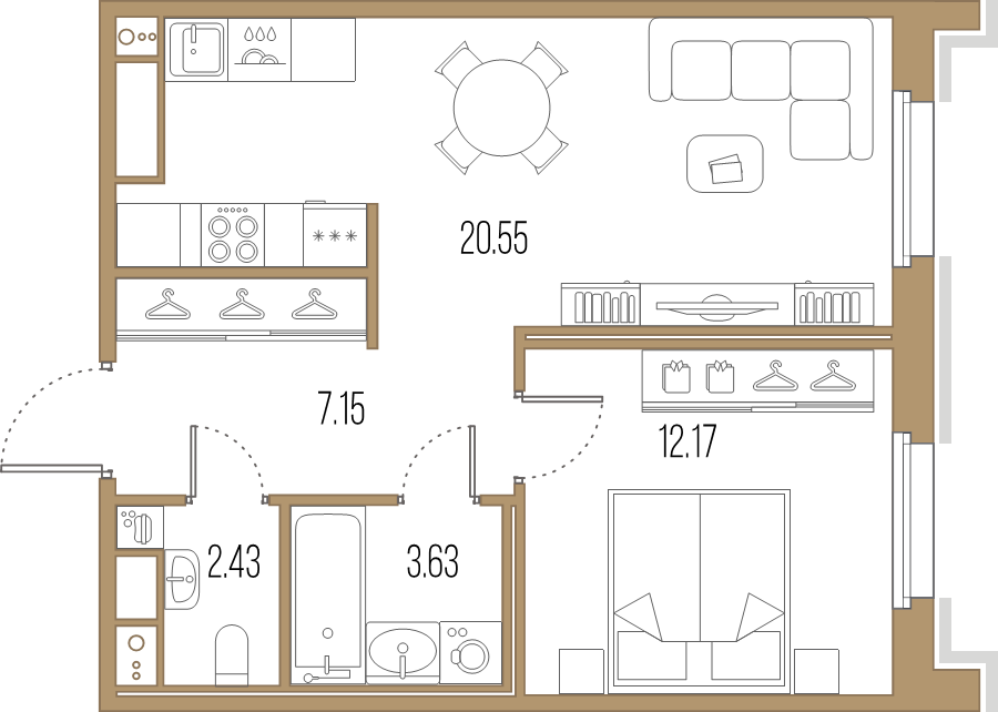 2-комнатная (Евро) квартира, 44.31 м² в ЖК "Большой Сампсониевский, 32" - планировка, фото №1