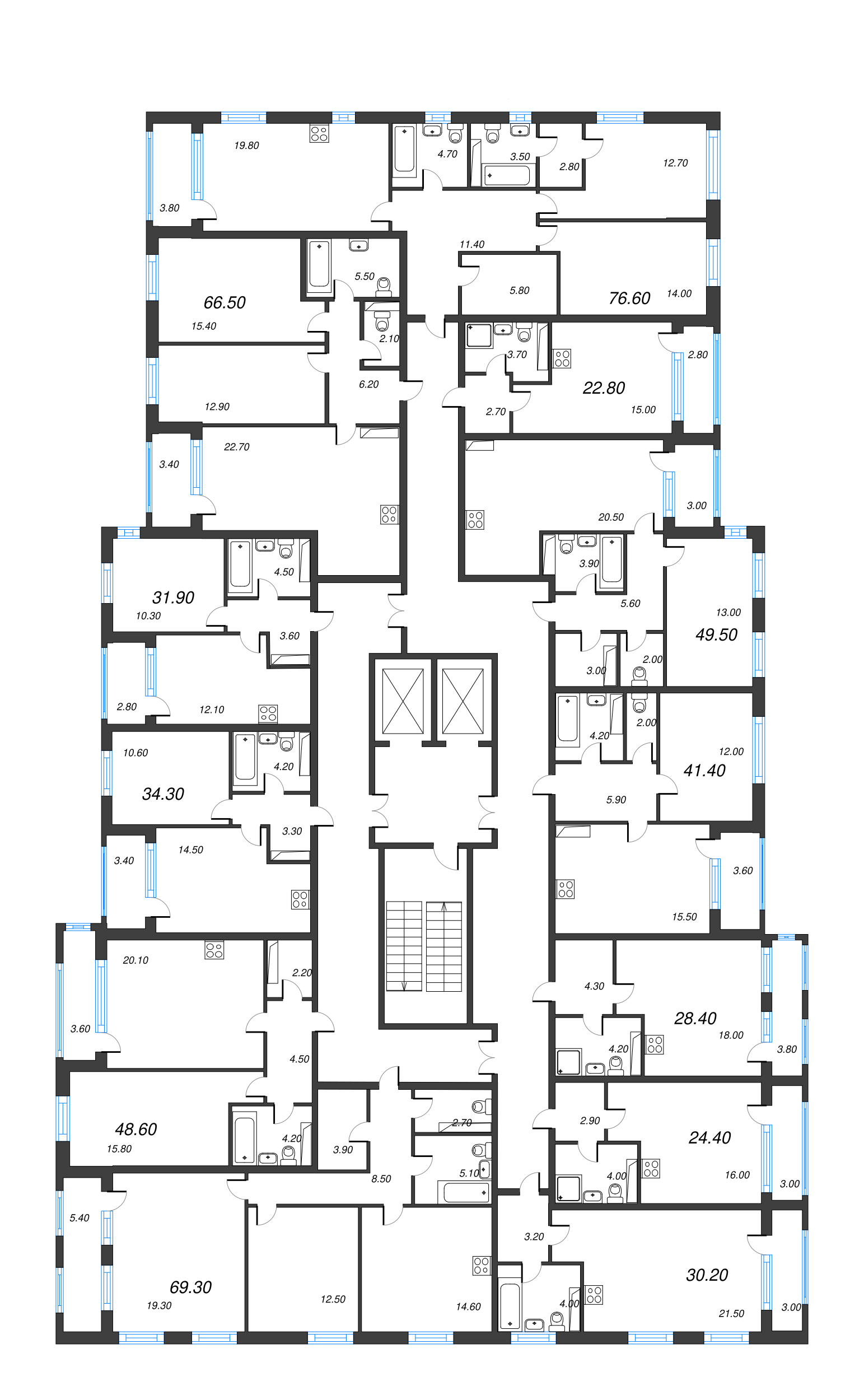 3-комнатная (Евро) квартира, 76.6 м² - планировка этажа
