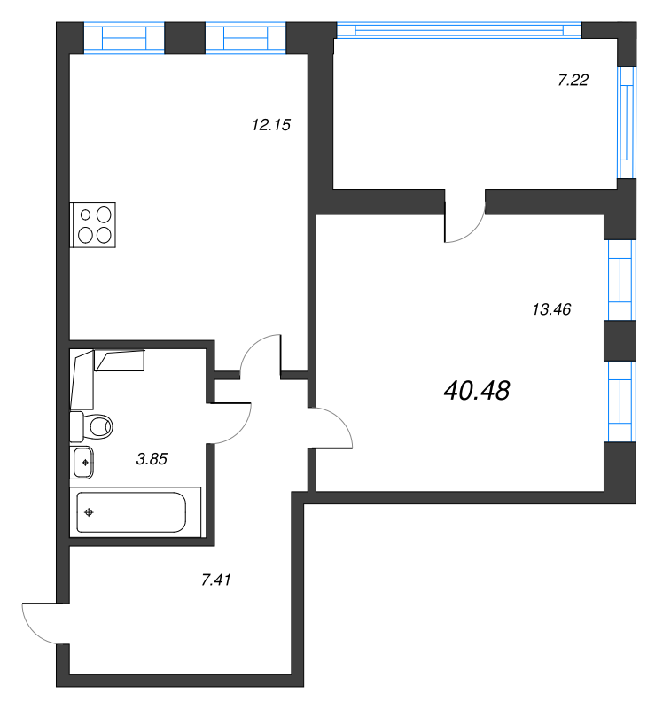 1-комнатная квартира, 40.48 м² - планировка, фото №1
