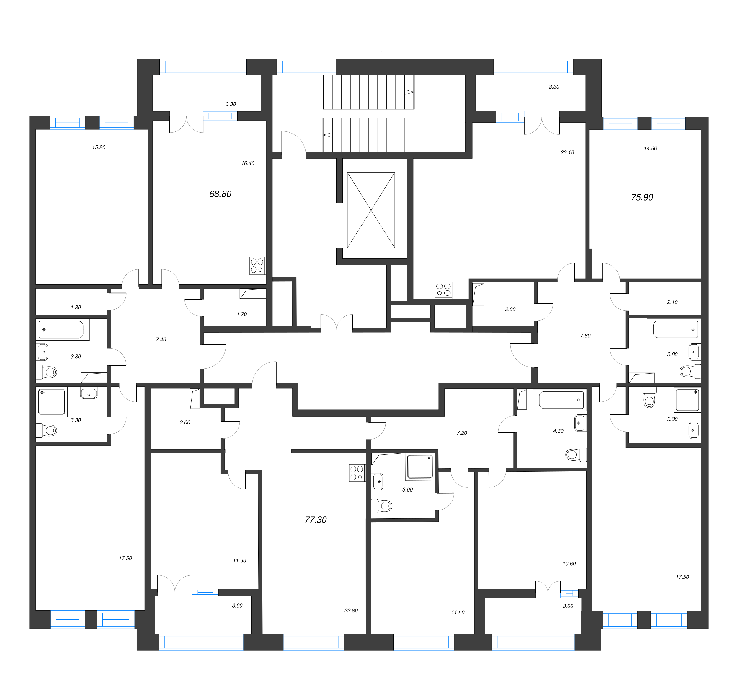 3-комнатная квартира, 77.3 м² - планировка этажа