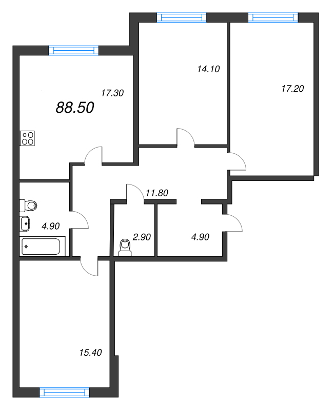 3-комнатная квартира, 88.5 м² - планировка, фото №1