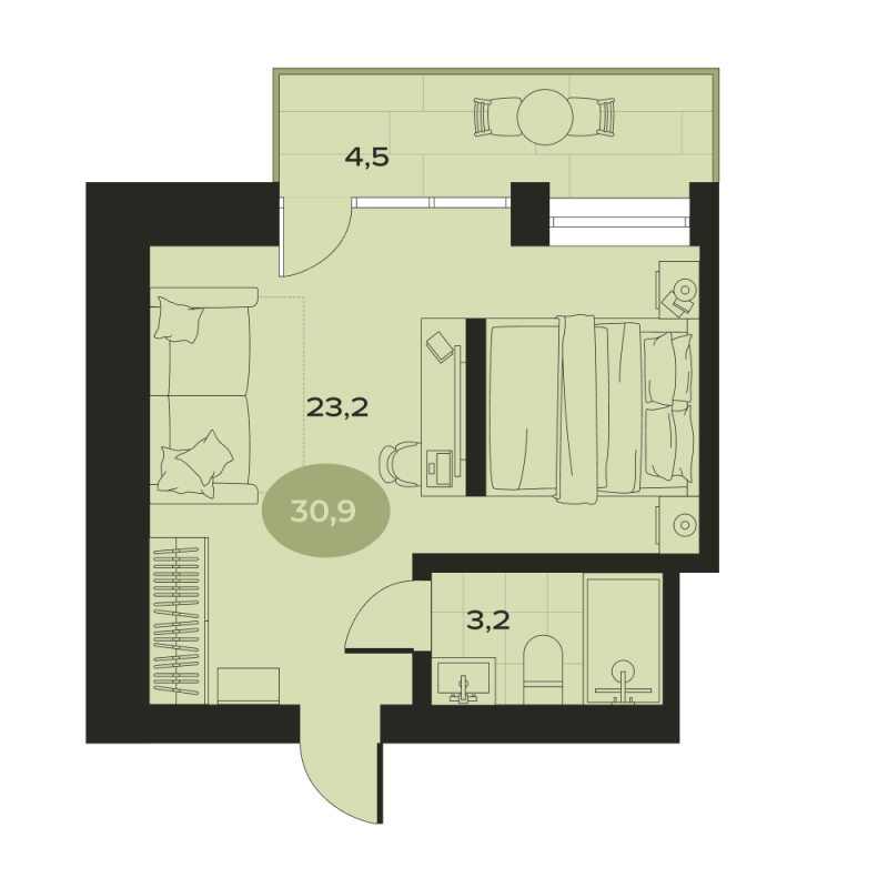 1-комнатная квартира, 30.9 м² в ЖК "Место в Смолячково" - планировка, фото №1