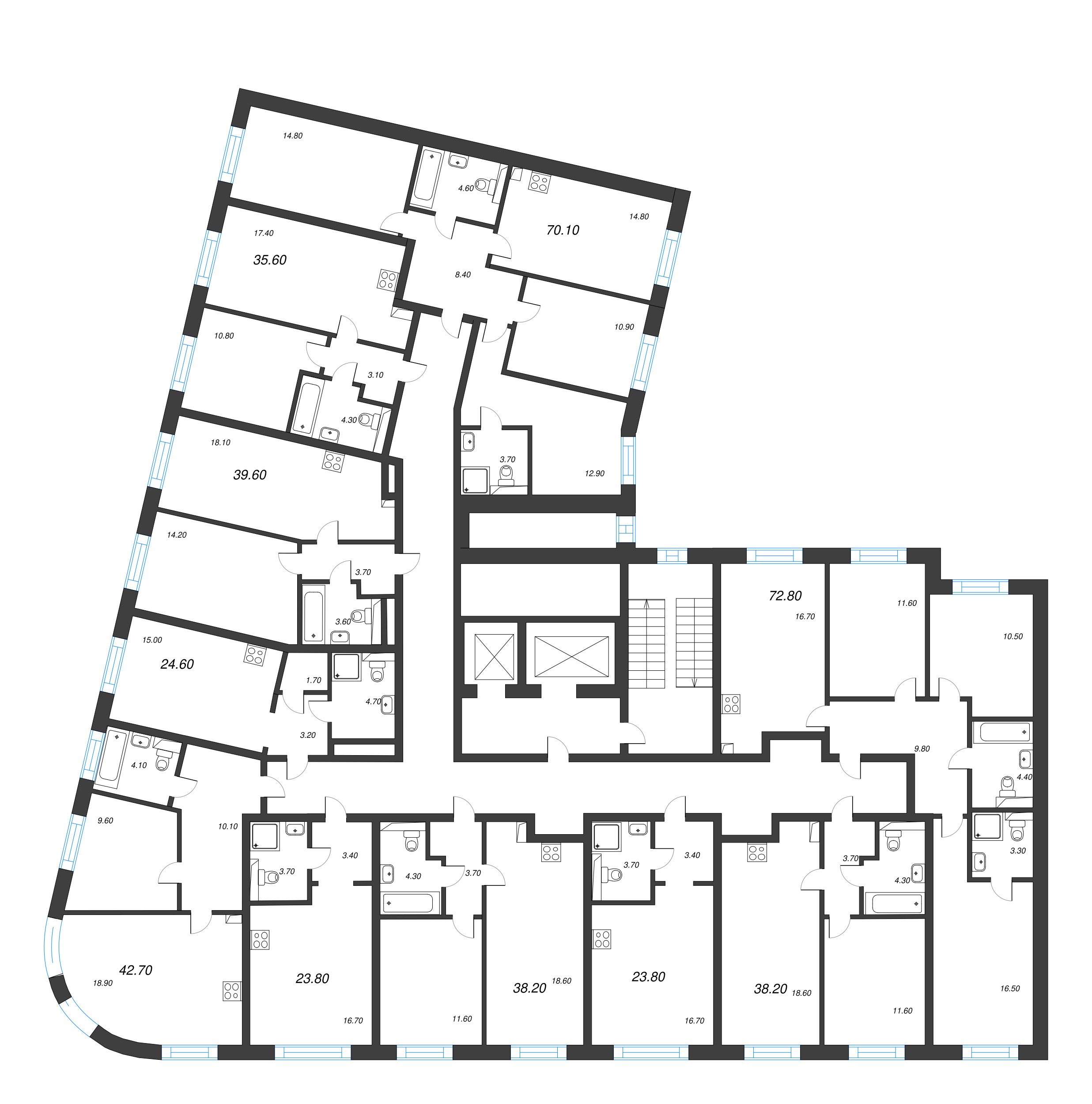4-комнатная (Евро) квартира, 70.1 м² - планировка этажа