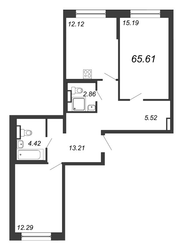 3-комнатная (Евро) квартира, 65.61 м² - планировка, фото №1