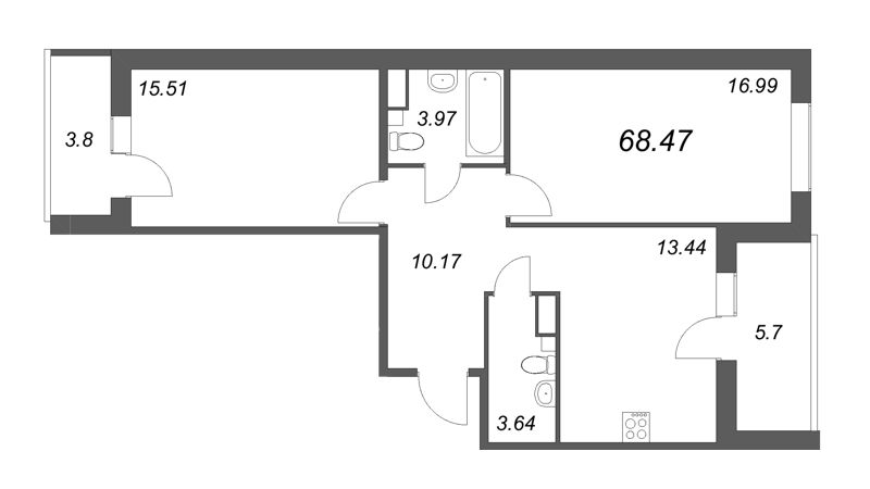 2-комнатная квартира, 68.57 м² - планировка, фото №1