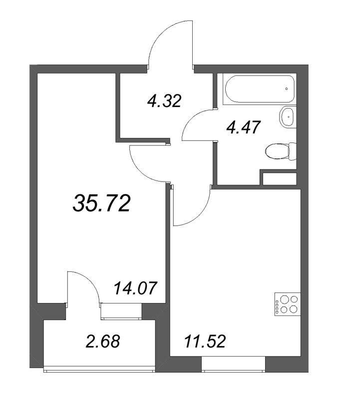 1-комнатная квартира, 35.72 м² в ЖК "Новая история" - планировка, фото №1