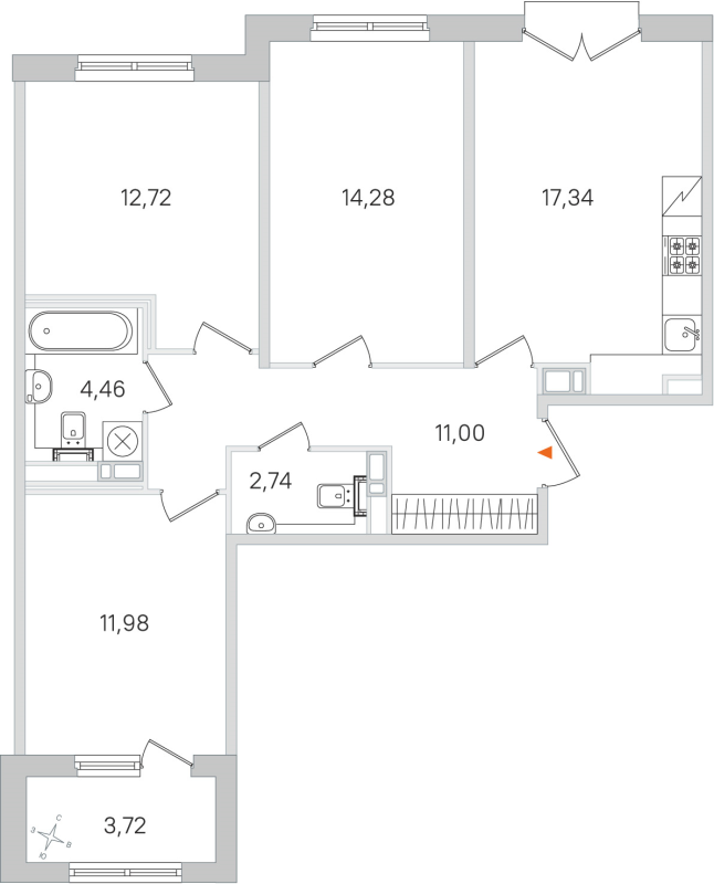 4-комнатная (Евро) квартира, 74.52 м² в ЖК "Дубровский" - планировка, фото №1