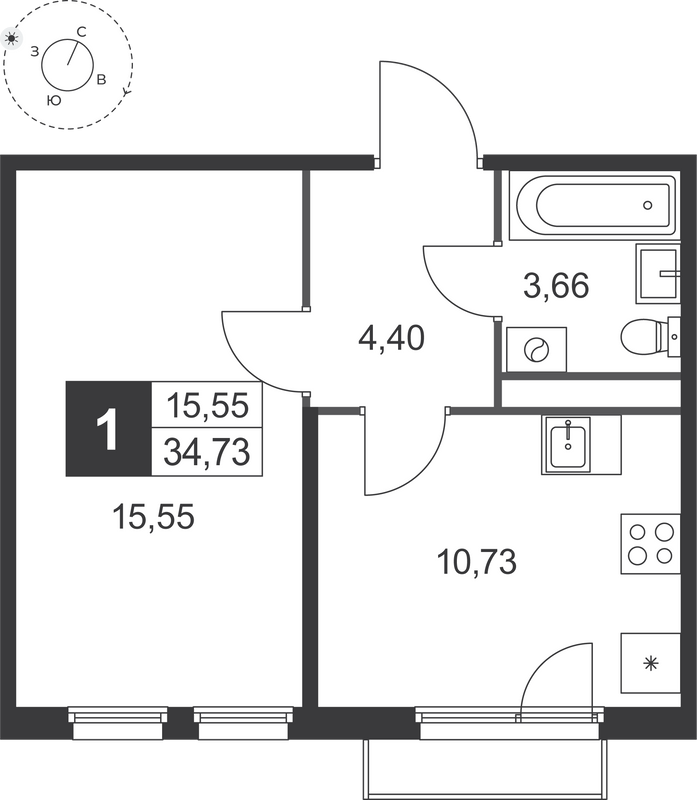 1-комнатная квартира, 34.73 м² в ЖК "Слобода" - планировка, фото №1
