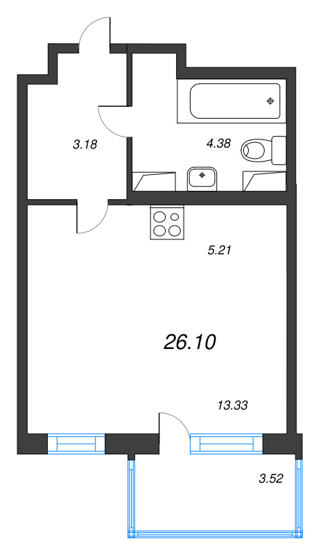 Квартира-студия, 26.1 м² в ЖК "ЮгТаун" - планировка, фото №1