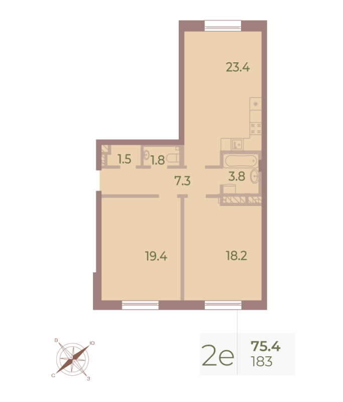 3-комнатная (Евро) квартира, 74.9 м² в ЖК "Neva Haus" - планировка, фото №1