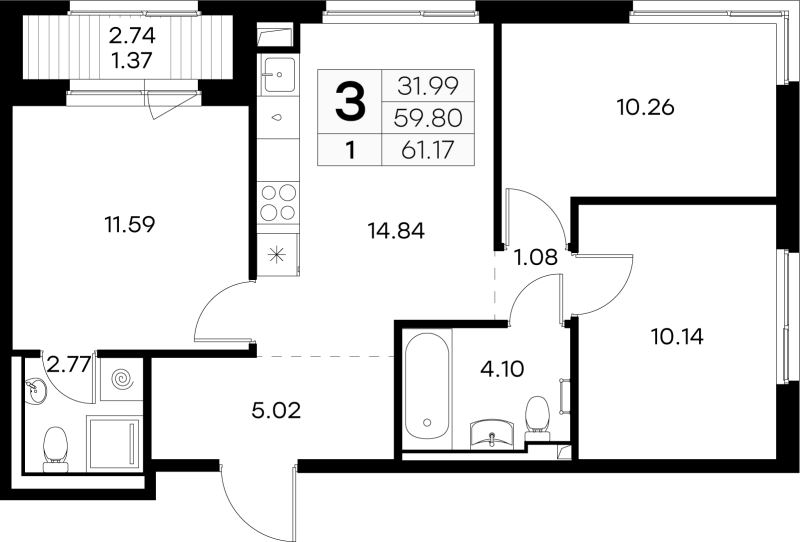 3-комнатная квартира, 61.17 м² - планировка, фото №1