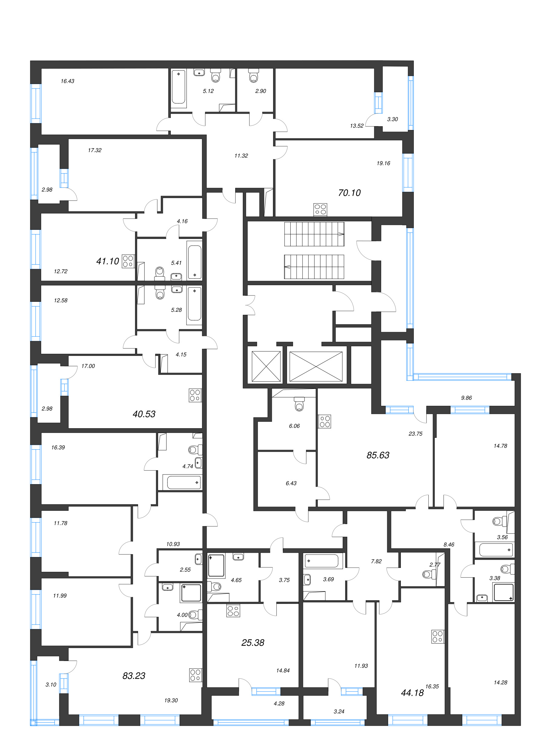 3-комнатная (Евро) квартира, 70.1 м² - планировка этажа