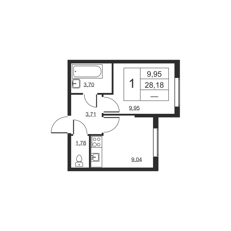 1-комнатная квартира, 28.18 м² - планировка, фото №1