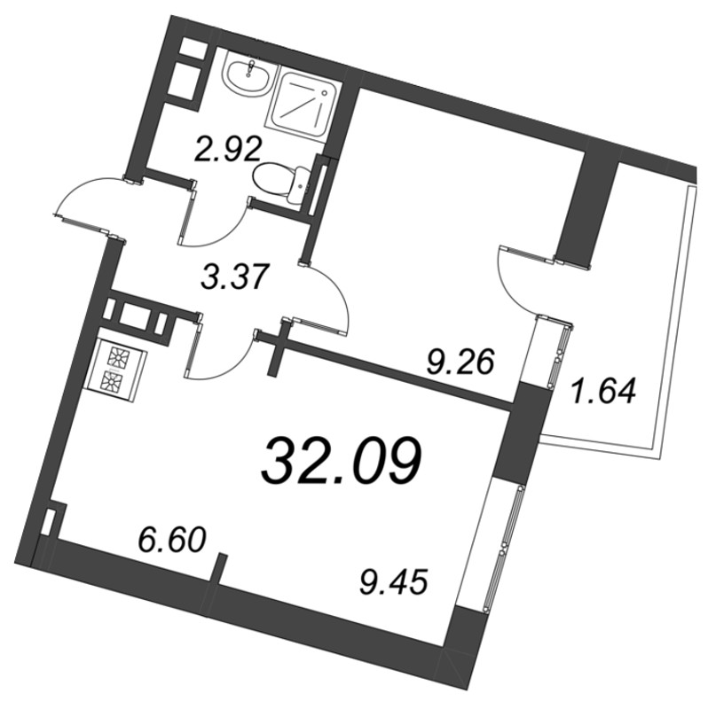 2-комнатная (Евро) квартира, 32.09 м² - планировка, фото №1