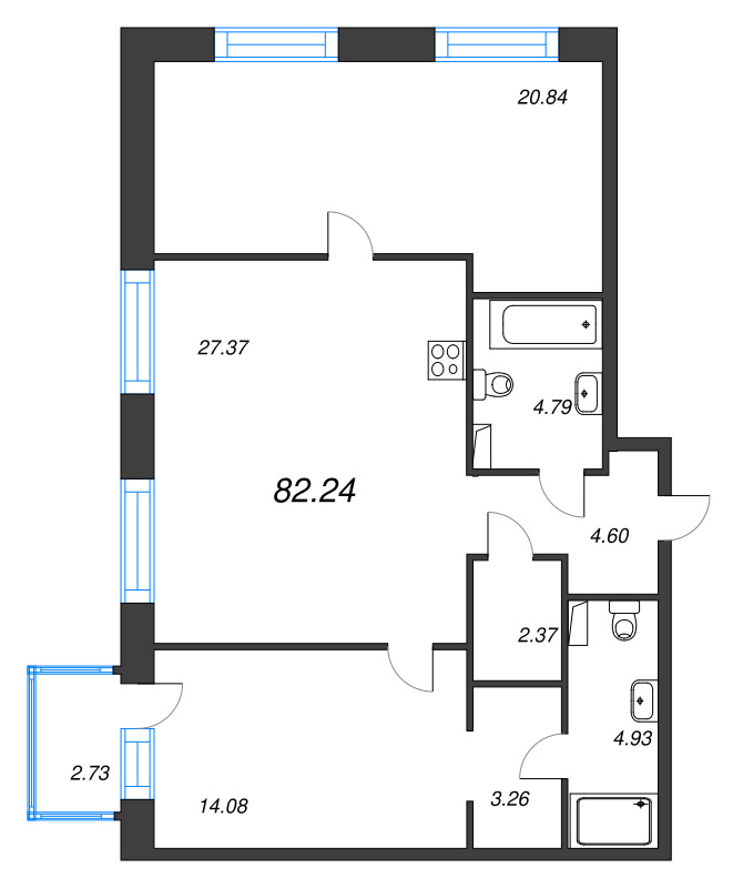 3-комнатная (Евро) квартира, 82.24 м² в ЖК "Остров Первых" - планировка, фото №1