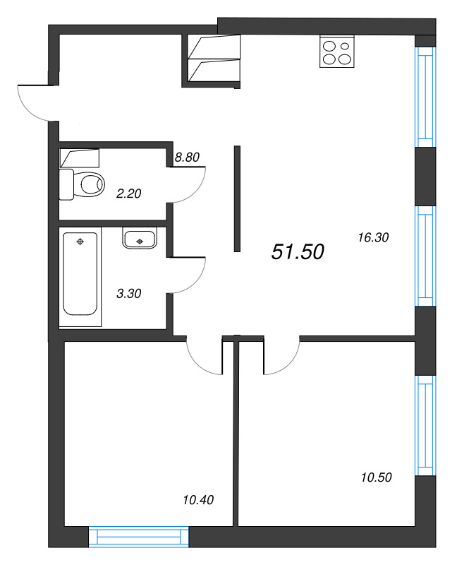 3-комнатная (Евро) квартира, 51.5 м² в ЖК "Струны" - планировка, фото №1