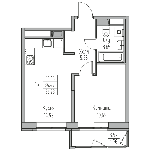 1-комнатная квартира, 36.23 м² в ЖК "Юнтолово" - планировка, фото №1